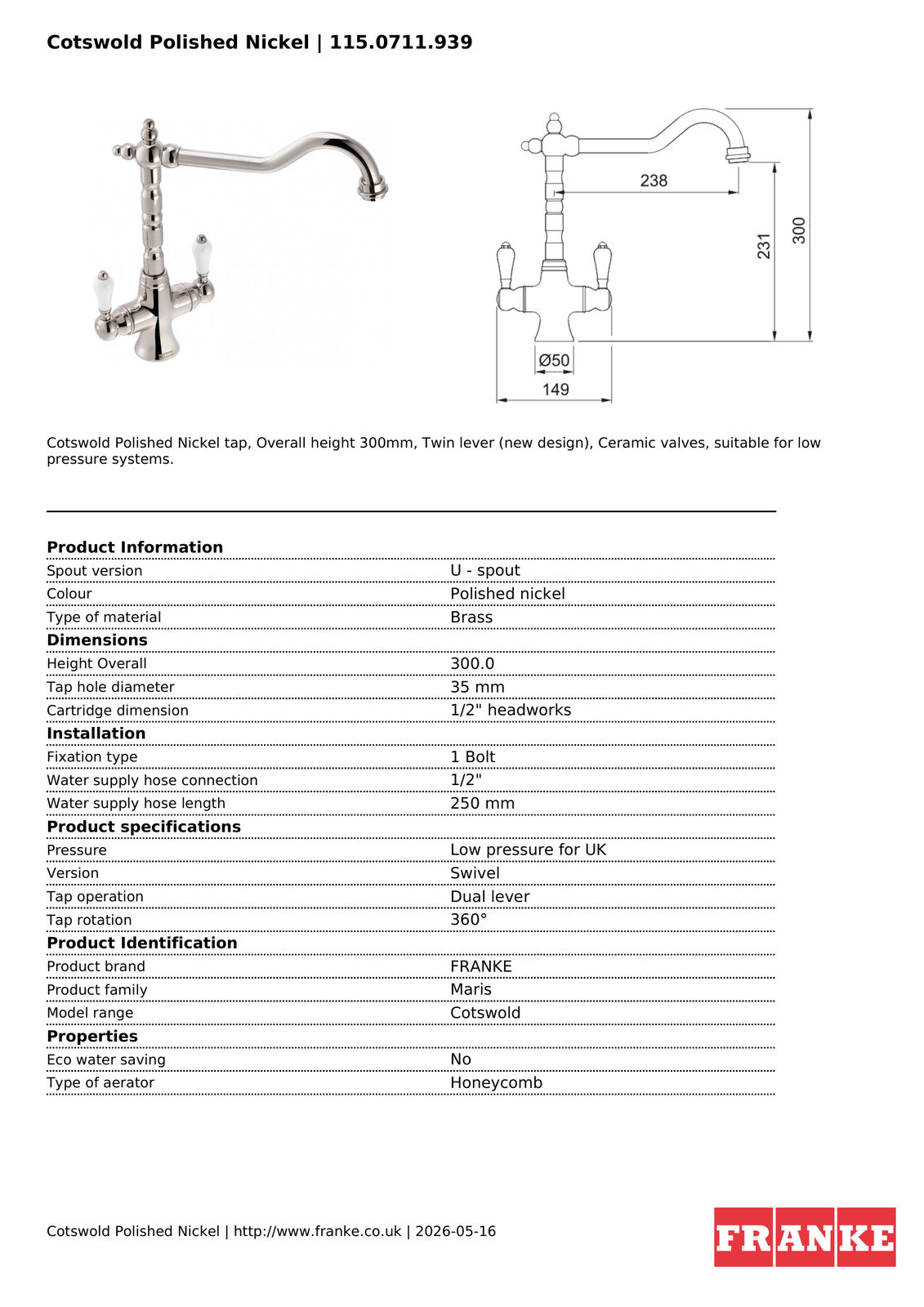 Franke Cotswold Polished Nickel Dual Lever Kitchen Tap Brass U-Spout 300mm — view 3