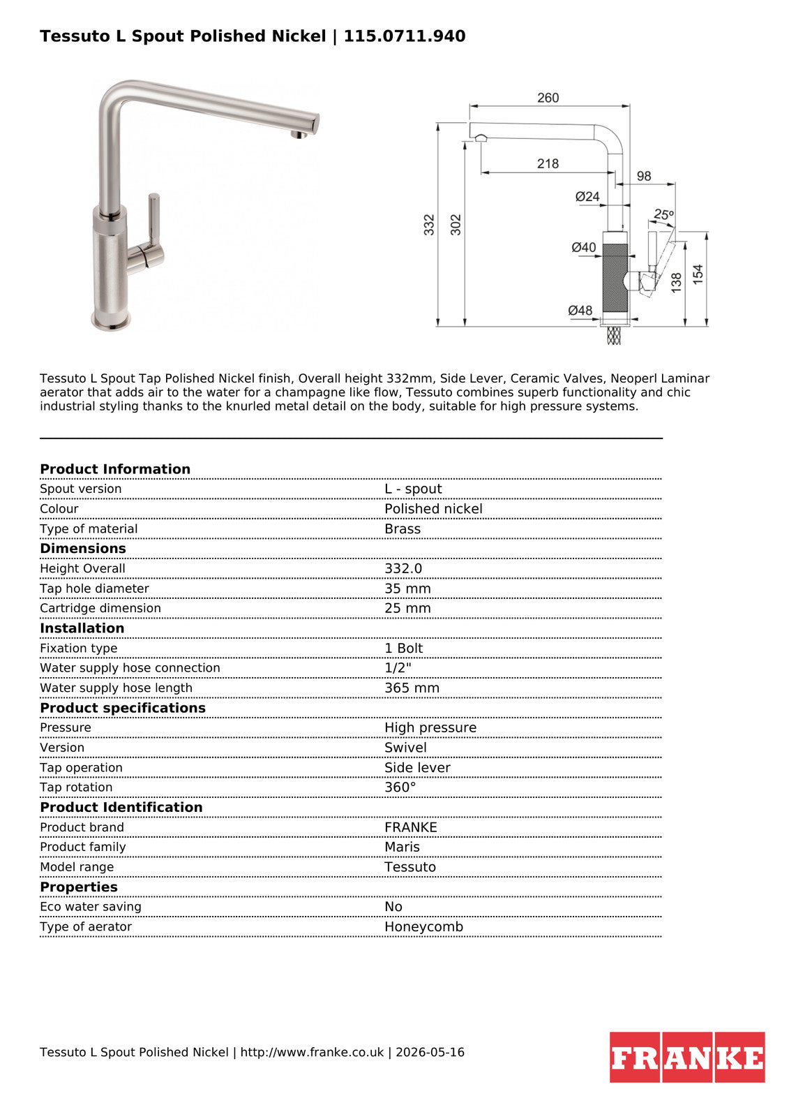 Franke Tessuto Polished Nickel Single Lever Kitchen Tap Brass L-Spout 332mm — view 3