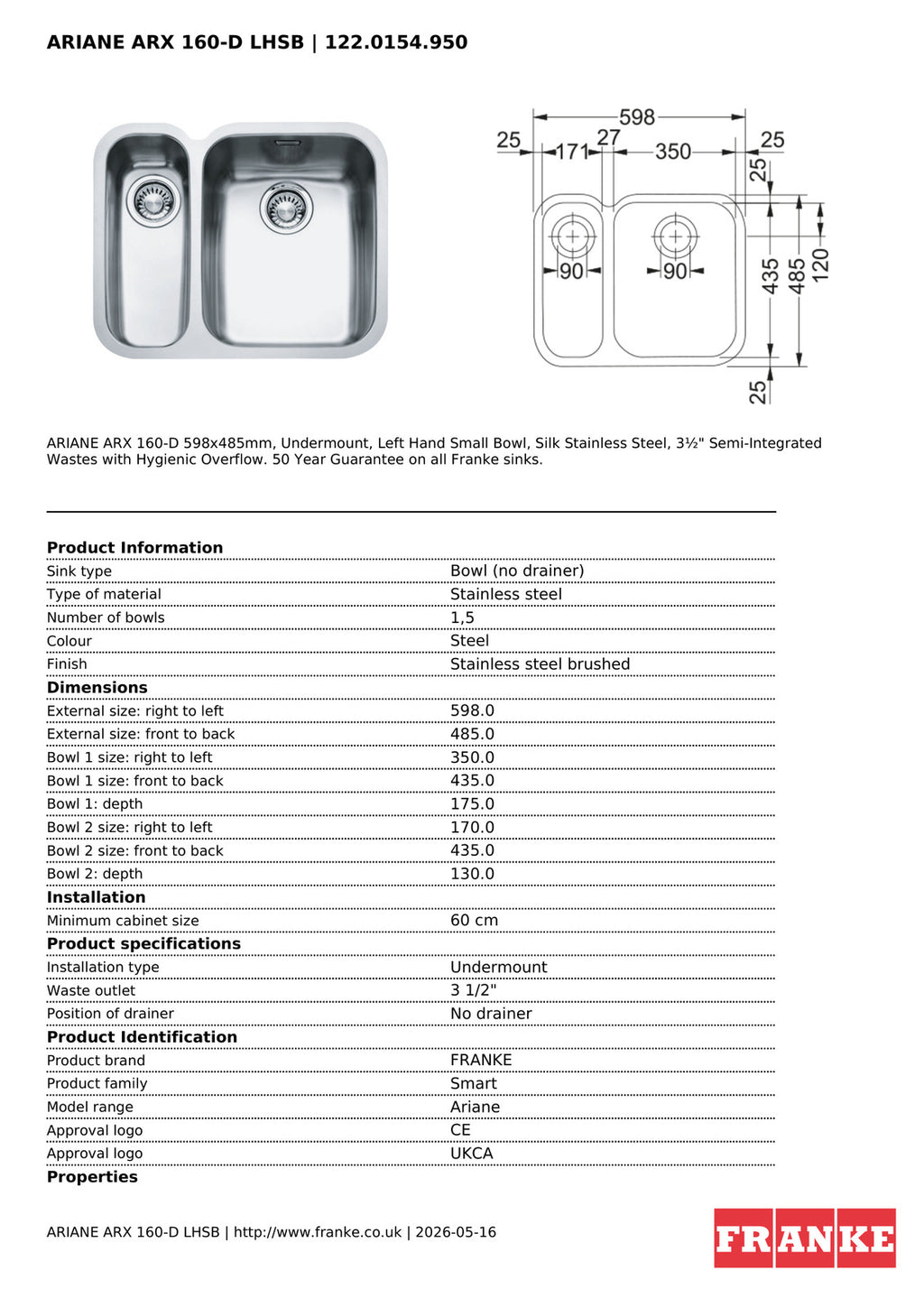 Franke Ariane ARX 160 Undermount 1.5 Bowl Stainless Steel Kitchen Sink LH — view 4