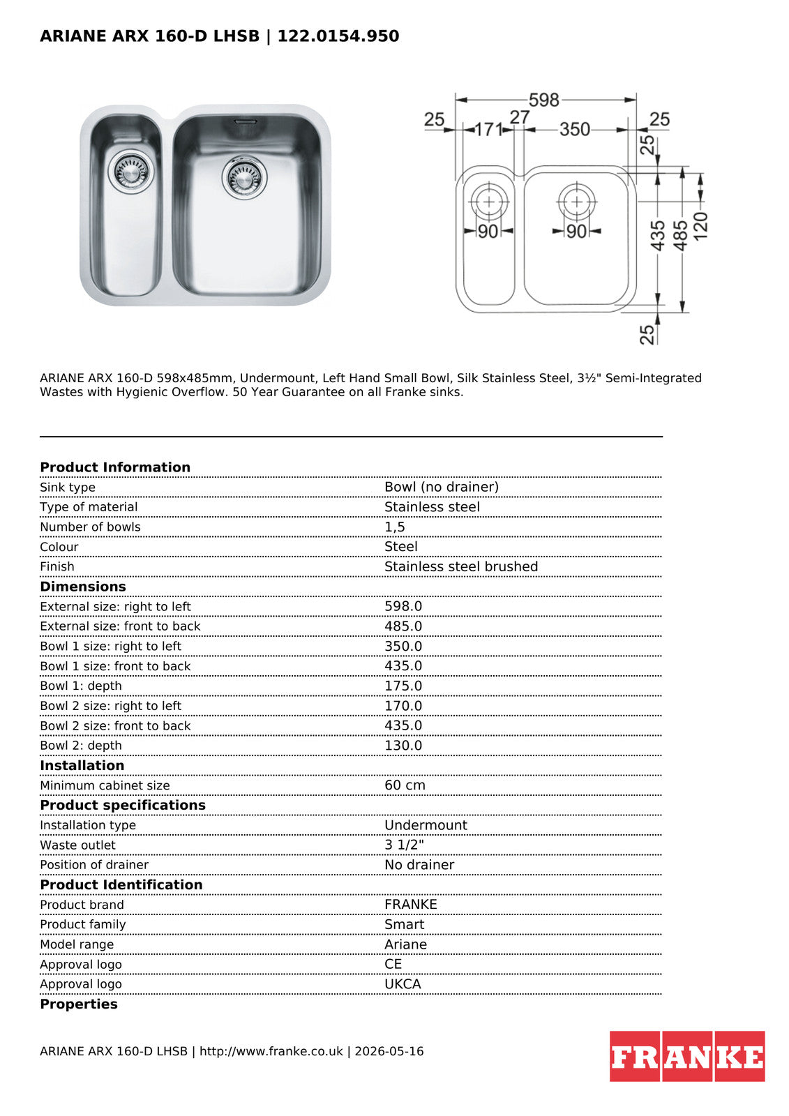 Franke Ariane ARX 160 Undermount 1.5 Bowl Stainless Steel Kitchen Sink LH — view 4