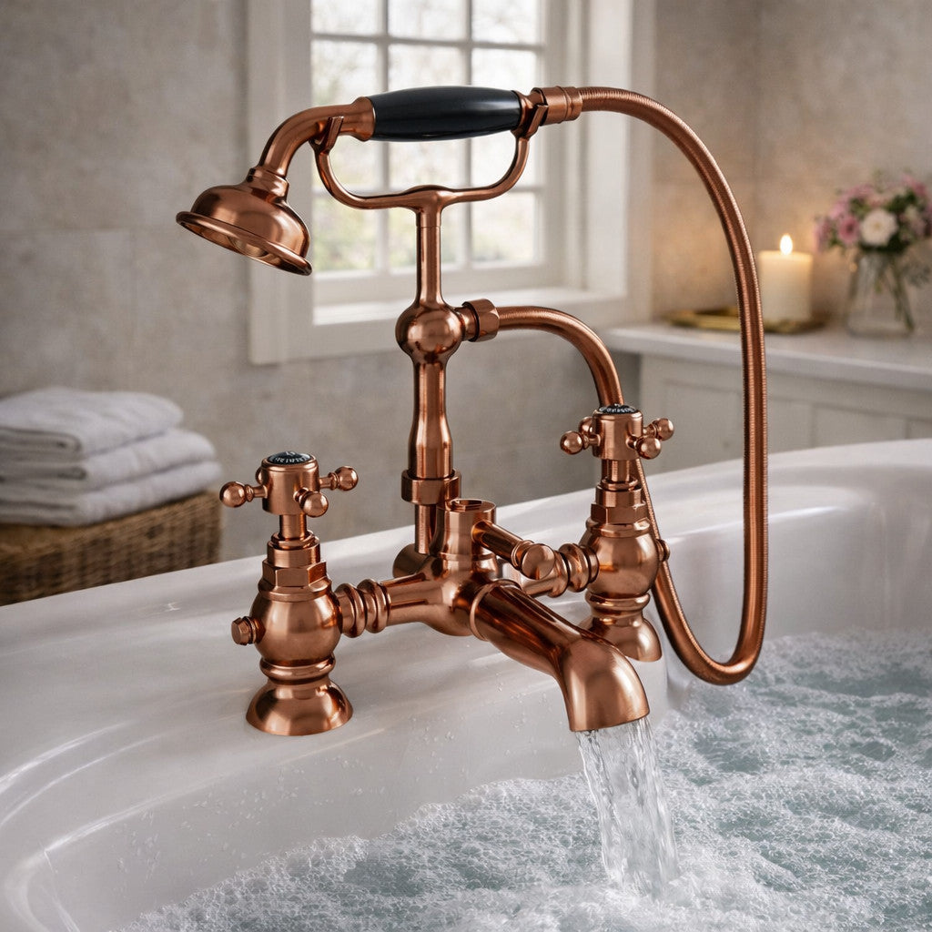 Traditional Bath Shower Mixer Tap Crosshead Brushed Copper WRAS Deck Mounted