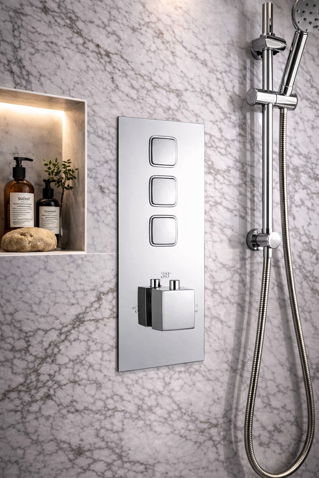 Square Concealed Thermostatic Shower Valve Chrome Push Button Triple Outlet WRAS