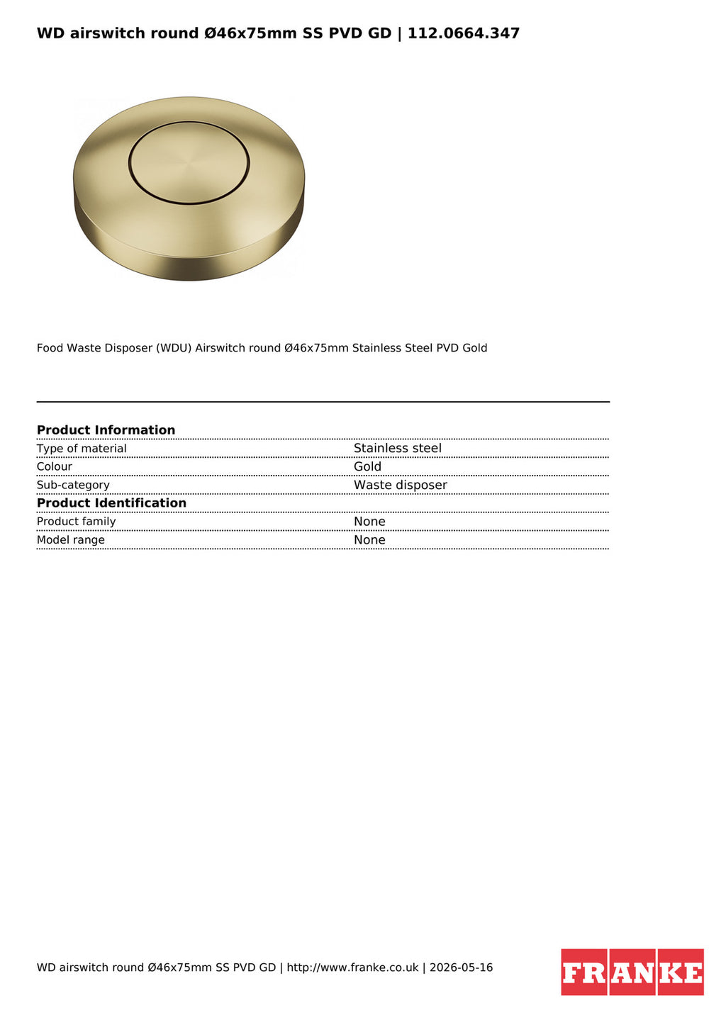Franke Waste Disposal Airswitch Round Gold Stainless Steel PVD 46mm — view 4