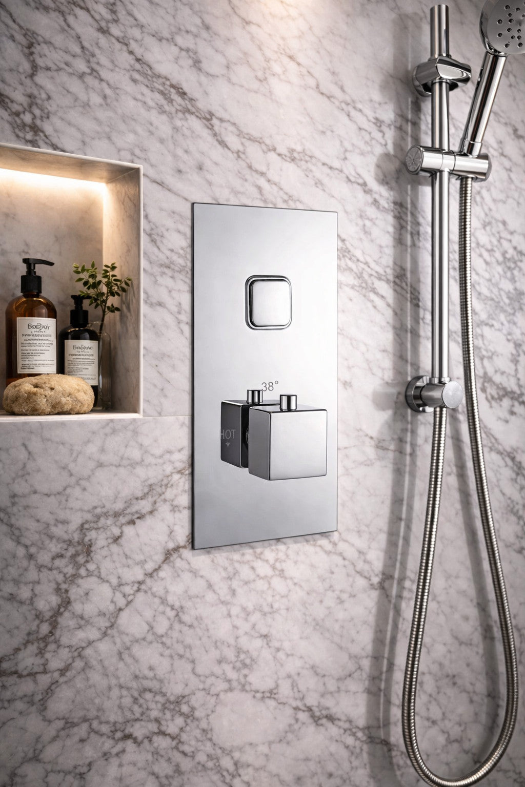 Square Concealed Thermostatic Shower Valve Chrome Push Button Single Outlet WRAS
