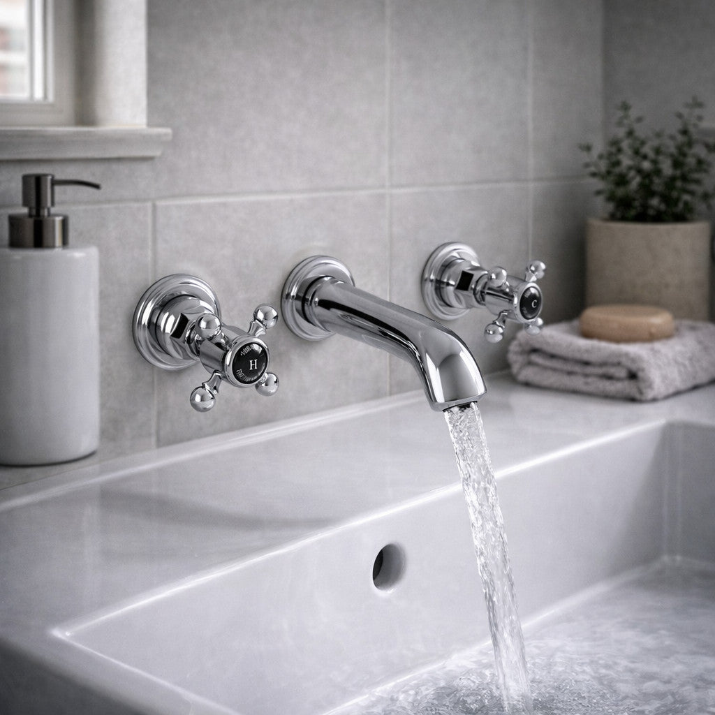 Traditional Wall Mounted Basin Mixer Tap Chrome Crosshead Ceramic Valve WRAS