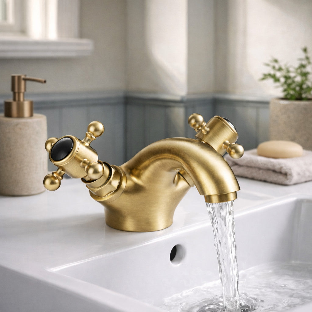 Traditional Twin Handle Basin Mixer Tap Brushed Brass Inc Waste WRAS Brass