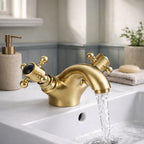 Traditional Twin Handle Basin Mixer Tap Brushed Brass Inc Waste WRAS Brass