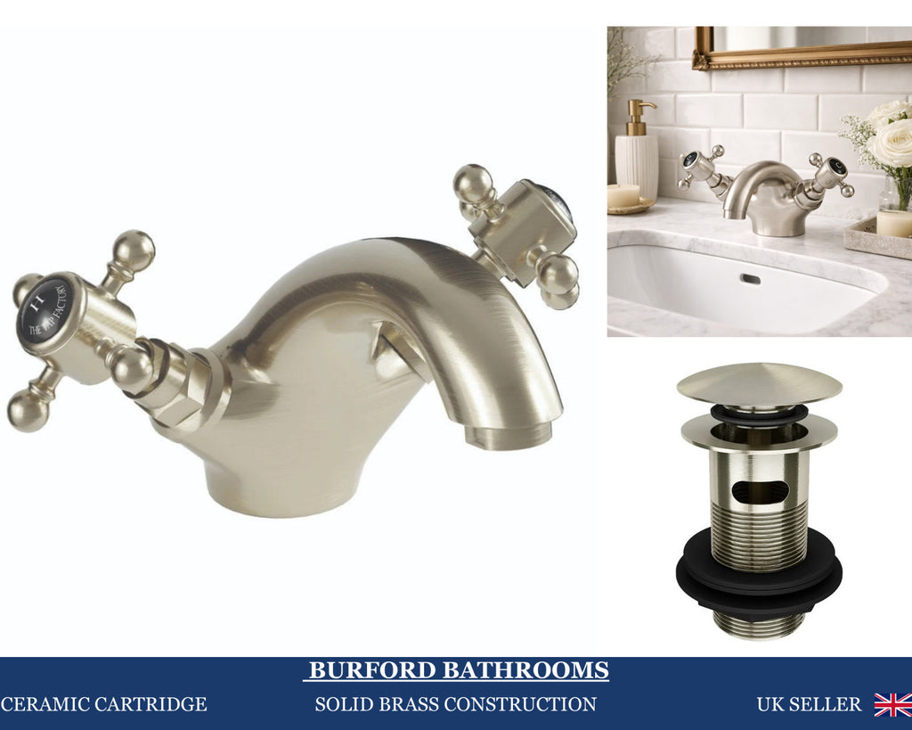 Traditional Twin Handle Basin Mixer Tap Brushed Nickel Inc Waste WRAS Brass