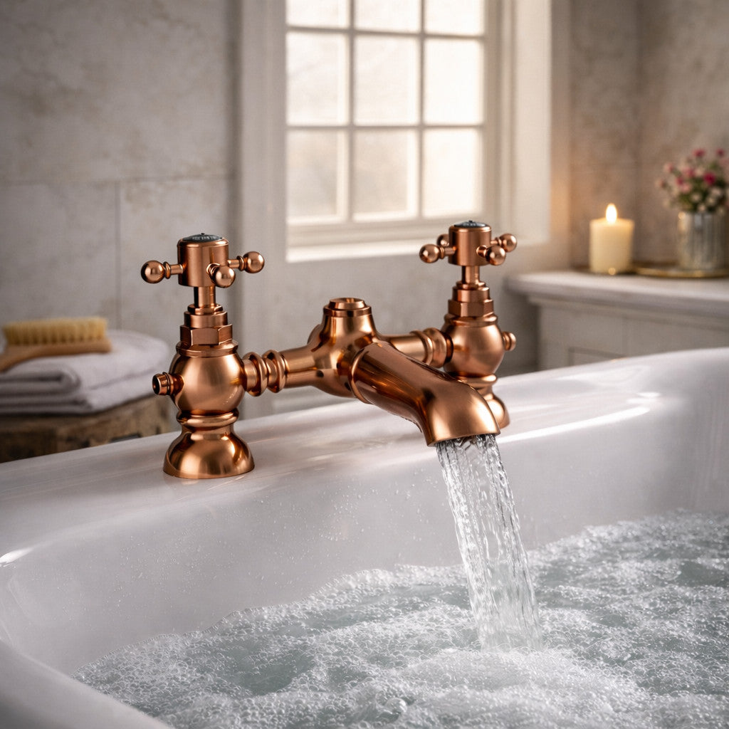 Traditional Bath Filler Tap Brushed Copper Crosshead Ceramic Valve WRAS Brass