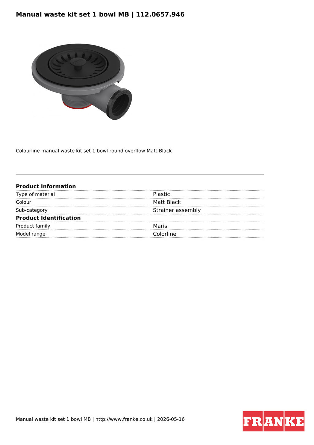 Franke Manual Waste Kit Set 1 Bowl Matt Black Kitchen Sink Strainer Plug — view 3