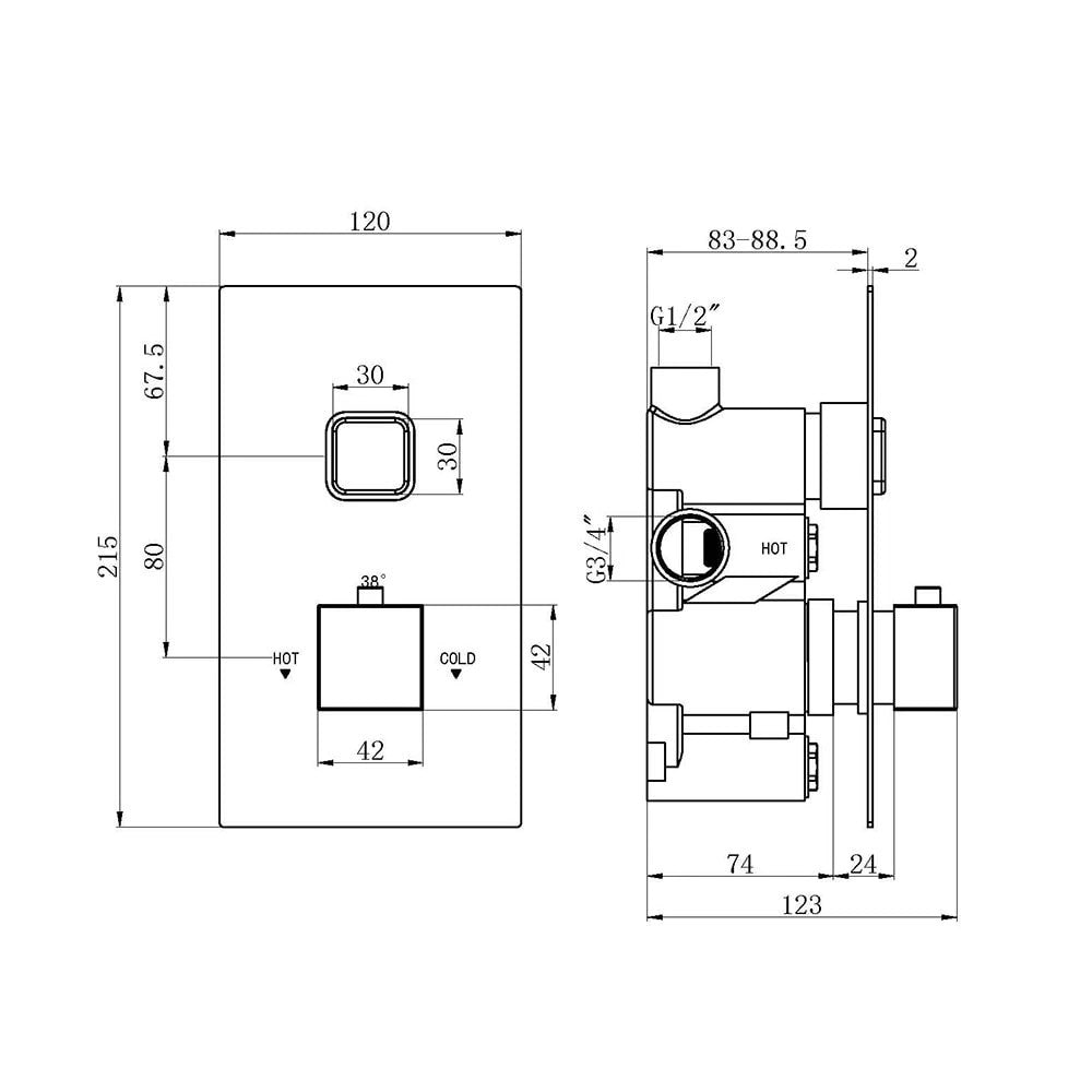 Square Concealed Thermostatic Shower Valve Chrome Push Button Single Outlet WRAS