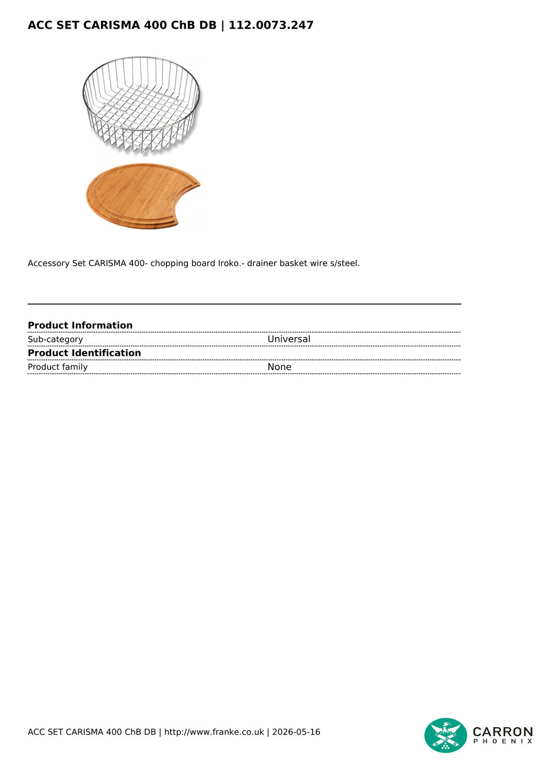 Carron Phoenix Carisma 400 Accessory Set Chopping Board & Drainer 112.0073.247 — view 3
