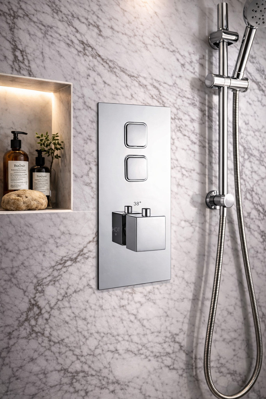 Square Concealed Thermostatic Shower Valve Chrome Push Button Twin Outlet WRAS