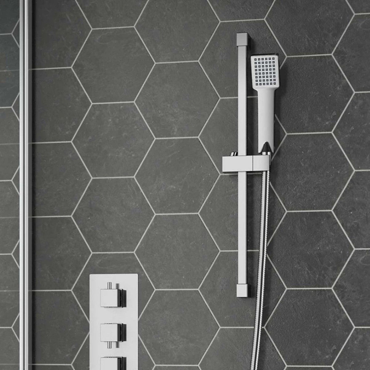 Square Shower Riser Rail Kit Chrome Adjustable Head Hose Bar Set Wall Mounted