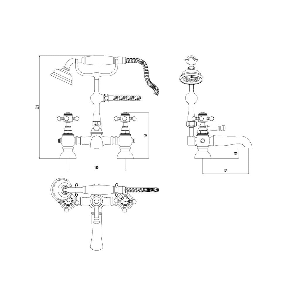Traditional Bath Shower Mixer Tap Crosshead Brushed Nickel WRAS Deck Mounted