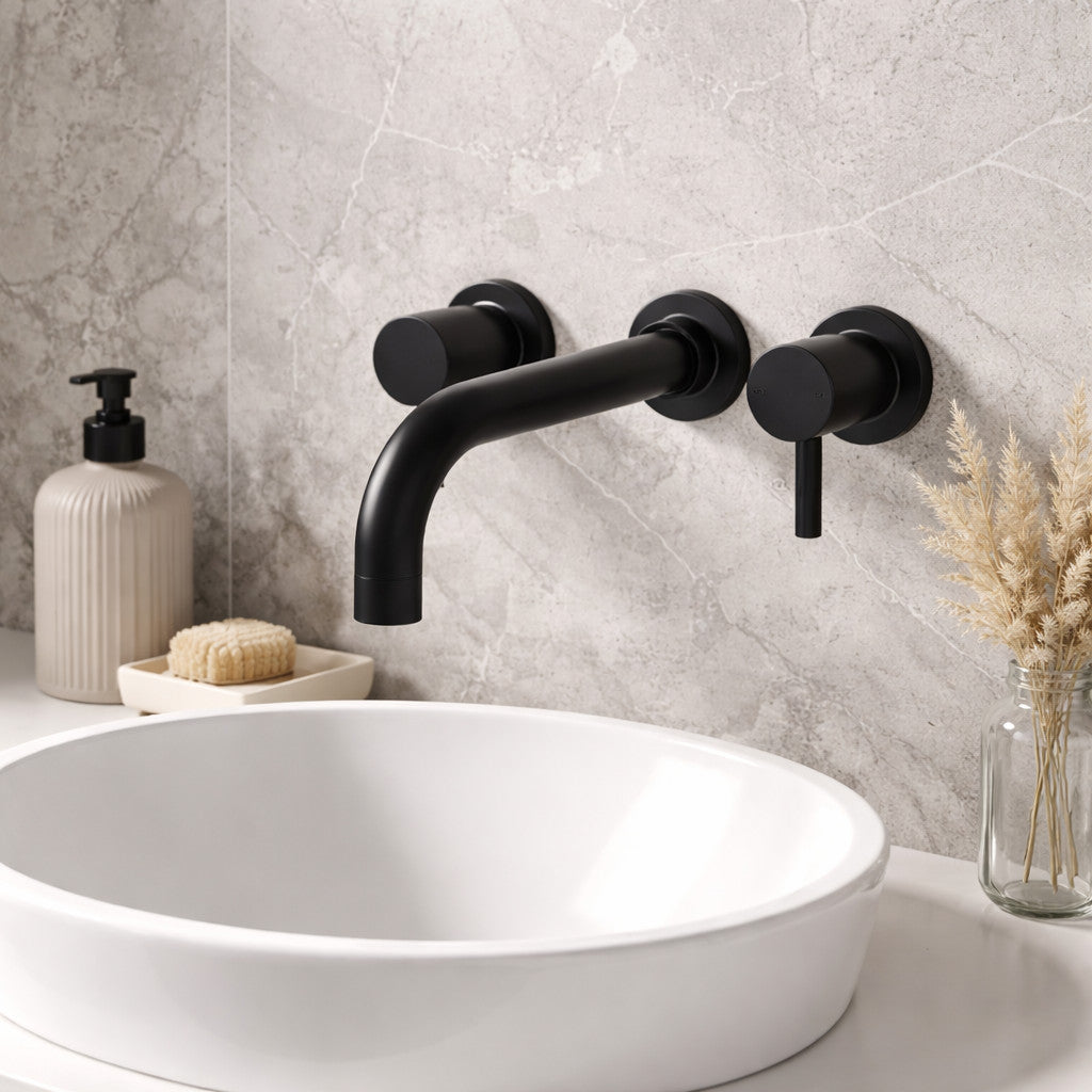 Wall Mounted Basin Mixer Tap Matt Black Dual Lever WRAS Bathroom Brass