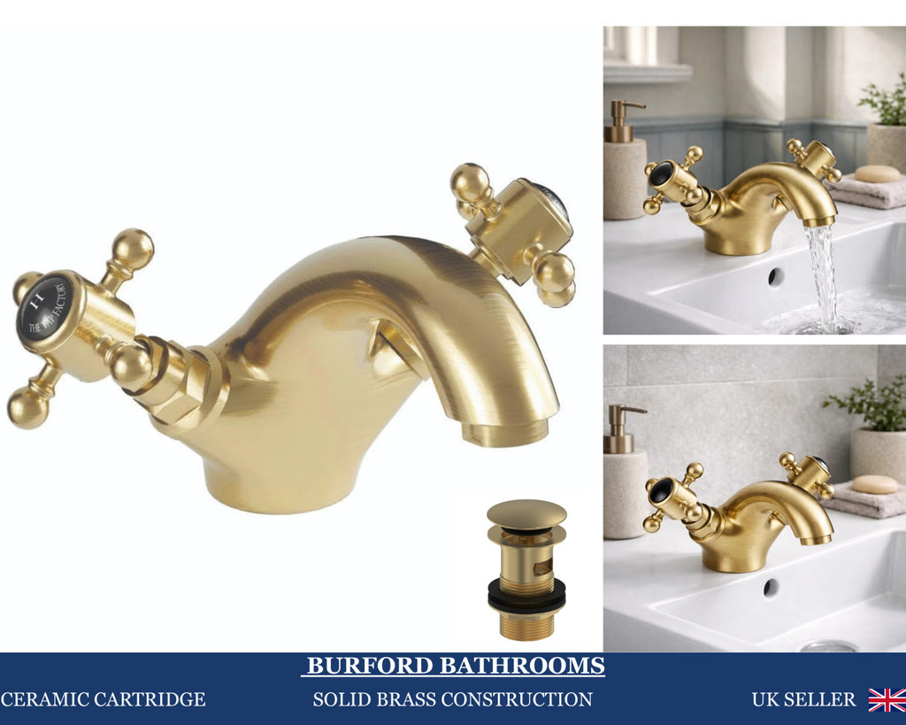 Traditional Twin Handle Basin Mixer Tap Brushed Brass Inc Waste WRAS Brass