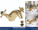Traditional Twin Handle Basin Mixer Tap Brushed Brass Inc Waste WRAS Brass