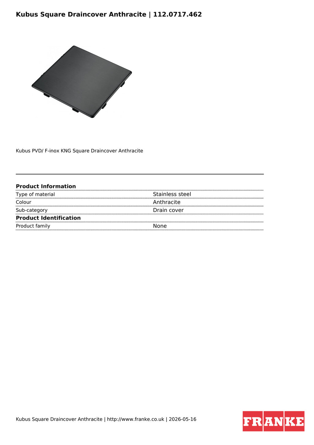Franke Kubus Square Drain Cover Anthracite Stainless Steel PVD Sink — view 3