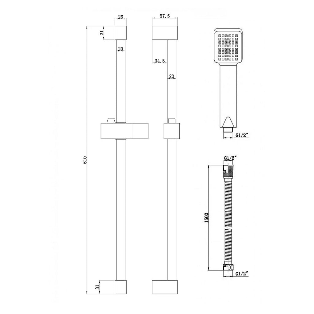 Square Shower Riser Rail Kit Chrome Adjustable Head Hose Bar Set Wall Mounted