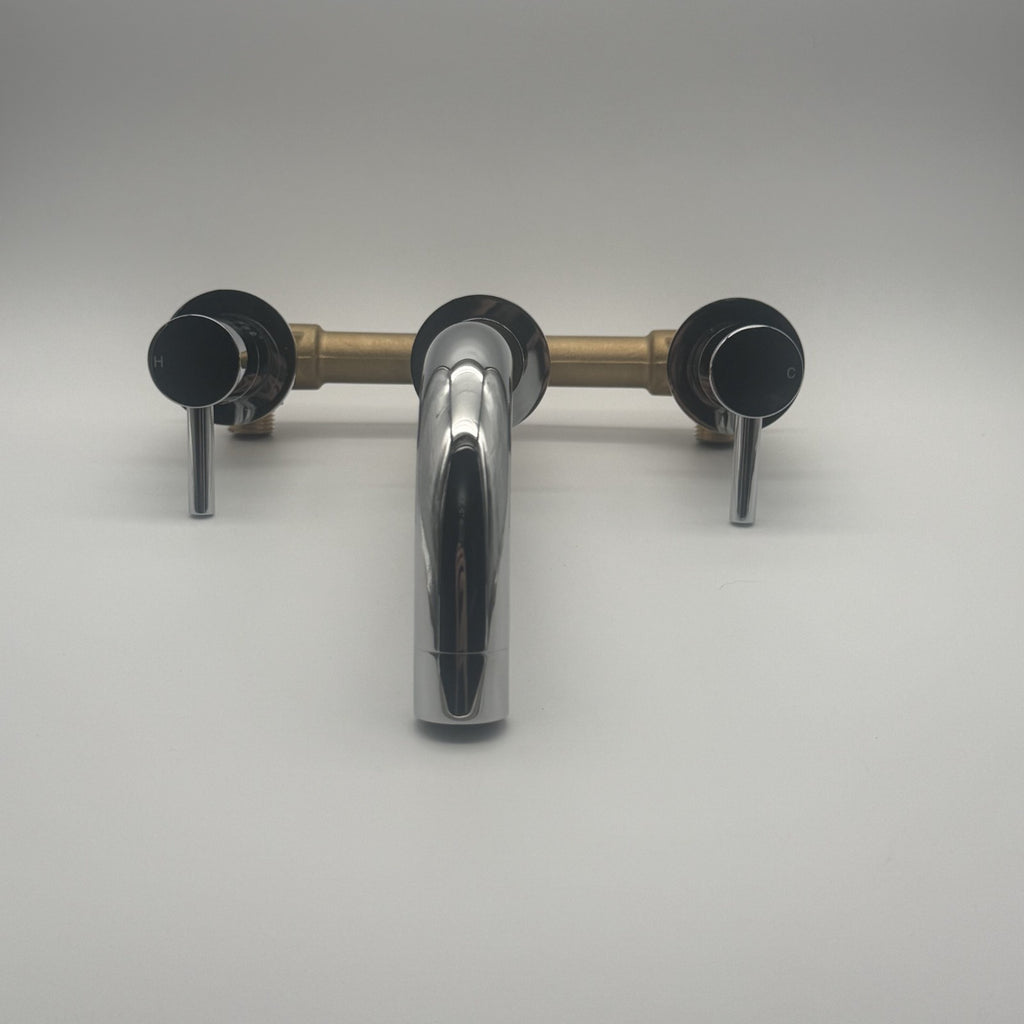 Wall Mounted Basin Mixer Tap Chrome Dual Lever WRAS Bathroom Brass