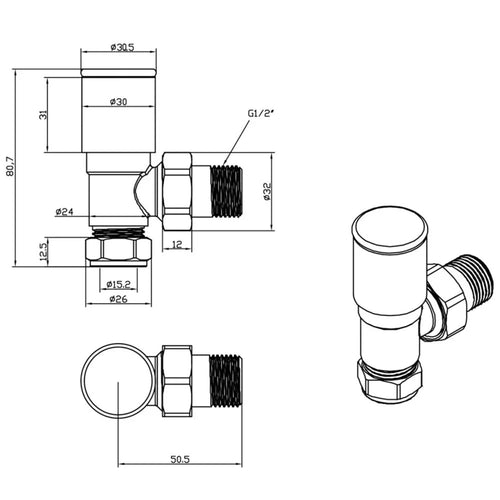 Angled Radiator Valve Pair Brushed Brass 1/2 BSP Manual Modern Round Handle