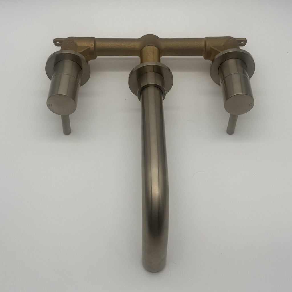 Wall Mounted Basin Mixer Tap Brushed Nickel Dual Lever WRAS Bathroom Brass