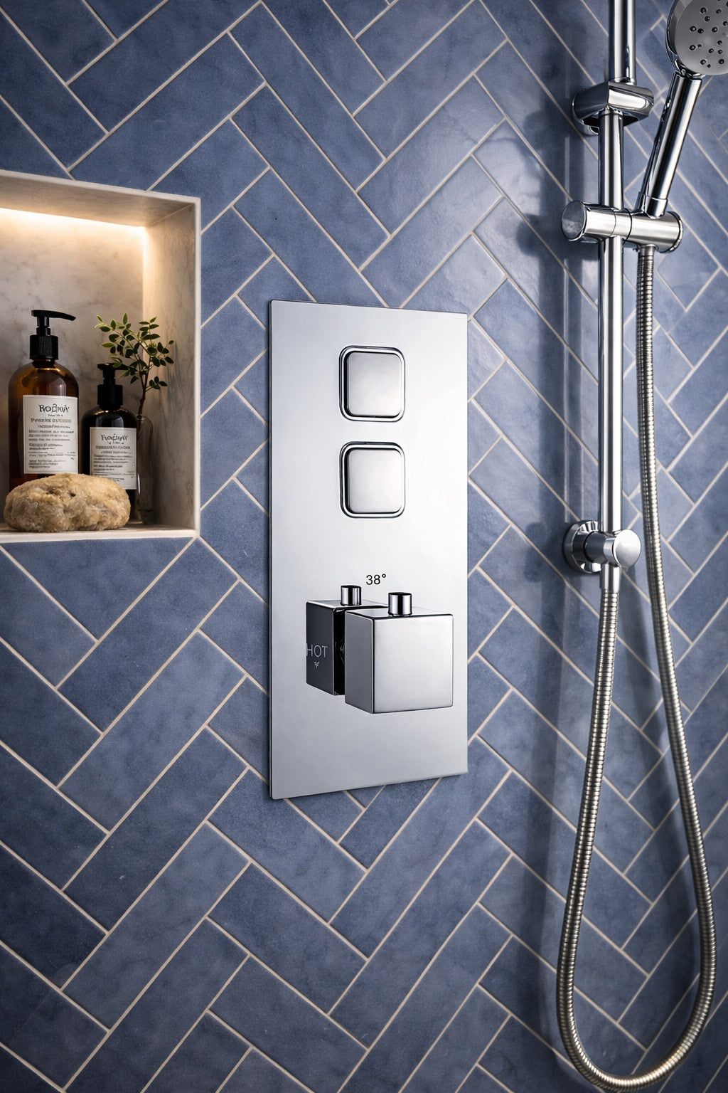 Square Concealed Thermostatic Shower Valve Chrome Push Button Twin Outlet WRAS