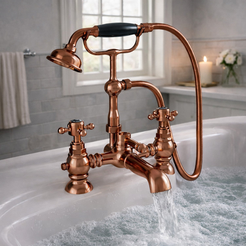 Traditional Bath Shower Mixer Tap Crosshead Brushed Copper WRAS Deck Mounted