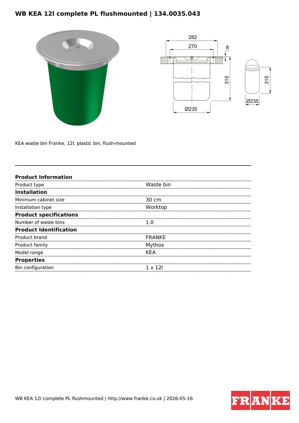 Franke KEA 12L Built-In Waste Bin Green Flushmount Kitchen Cabinet — view 4