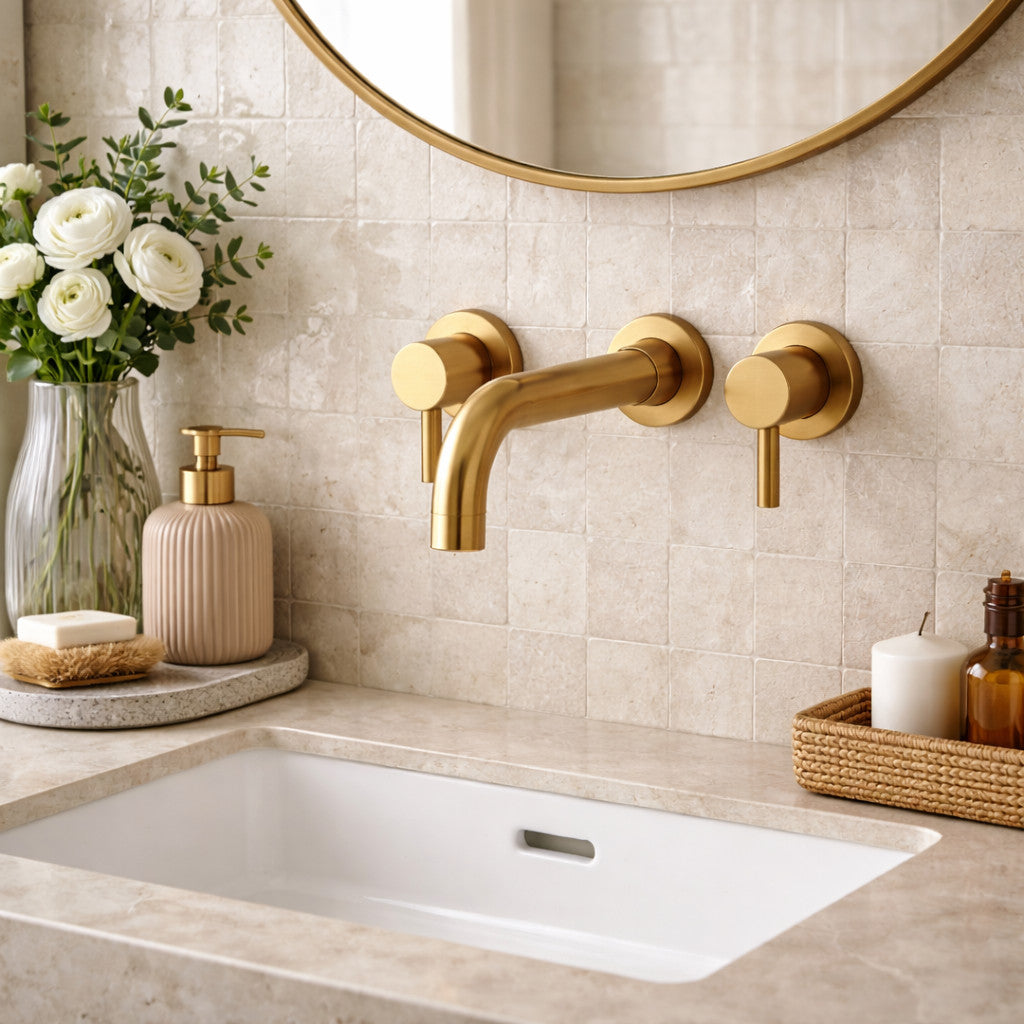 Kew Wall Mounted Basin Mixer Tap Brushed Brass Dual Lever WRAS Bathroom