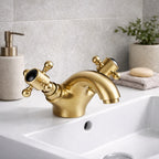 Traditional Twin Handle Basin Mixer Tap Brushed Brass Inc Waste WRAS Brass