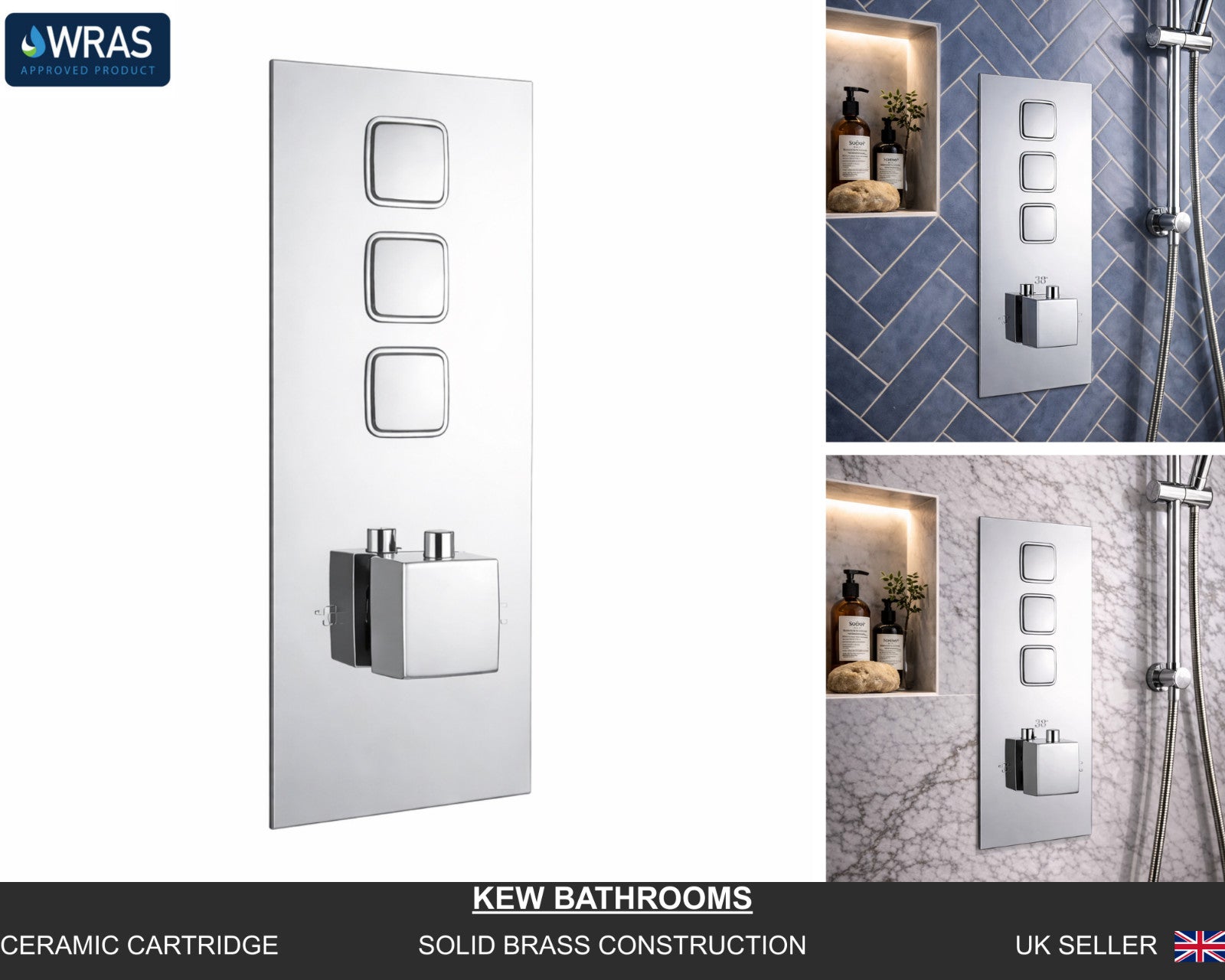 Square Concealed Thermostatic Shower Valve Chrome Push Button Triple Outlet WRAS