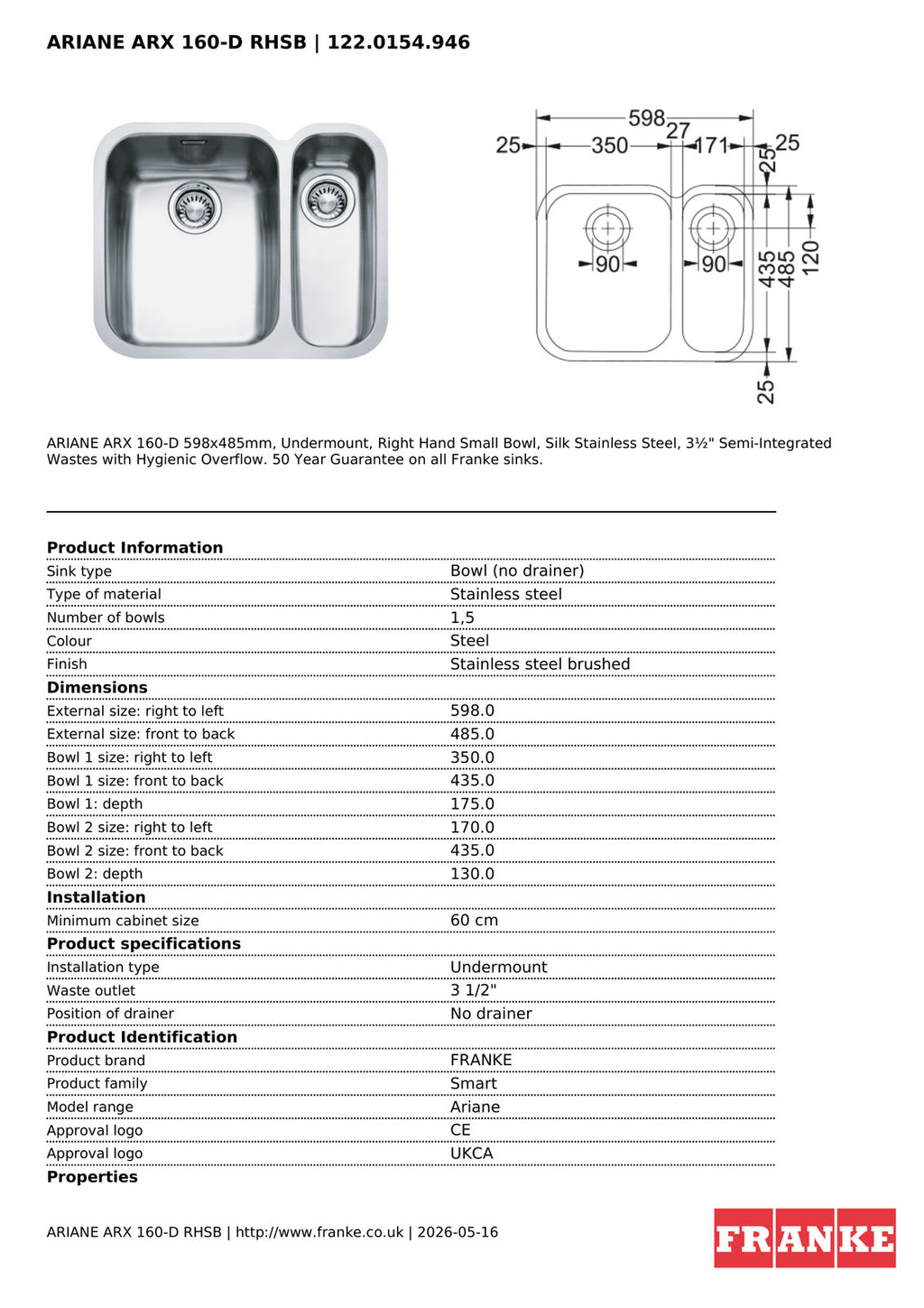 Franke Ariane ARX 160 Undermount 1.5 Bowl Stainless Steel Kitchen Sink RH — view 4