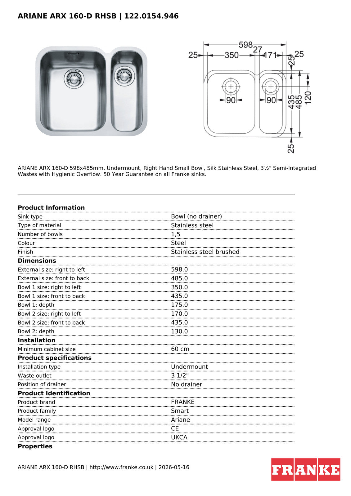 Franke Ariane ARX 160 Undermount 1.5 Bowl Stainless Steel Kitchen Sink RH — view 4