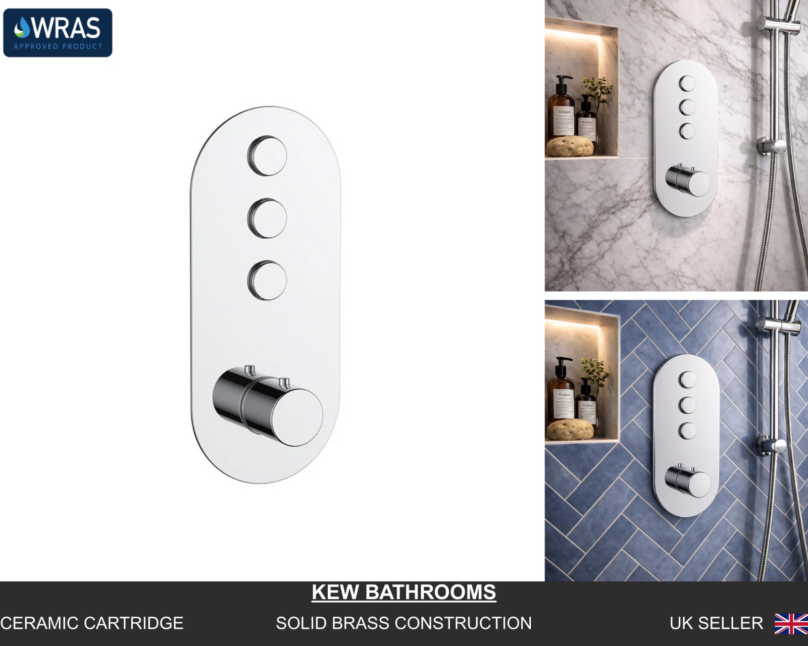 Concealed Thermostatic Shower Valve Chrome Push Button Triple Outlet Brass WRAS