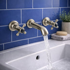 Traditional Wall Mounted Basin Mixer Tap Brushed Nickel Crosshead Ceramic WRAS